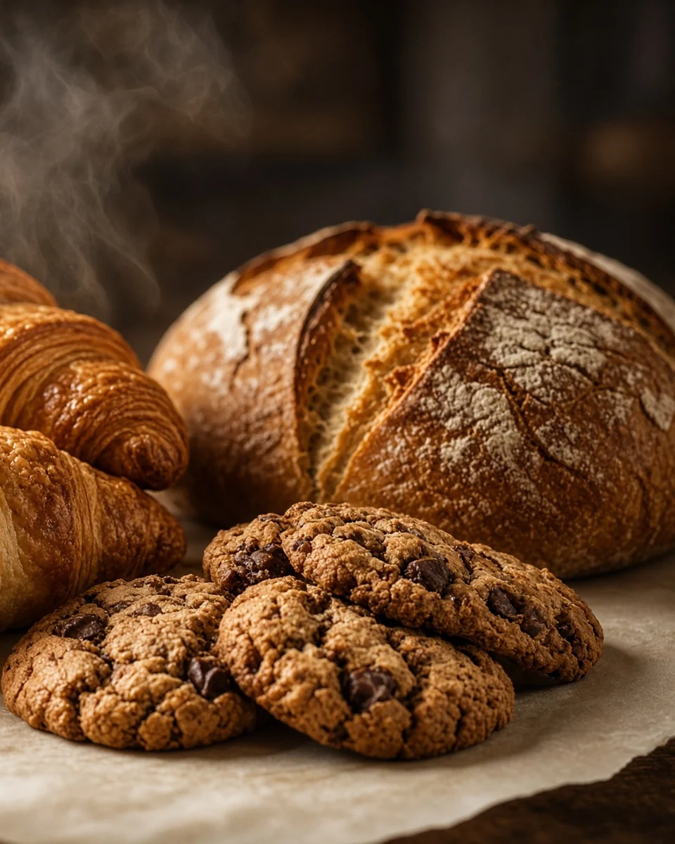 Croissants, a scored sourdough loaf and chocolate-chip cookies on parchment paper, steam rising