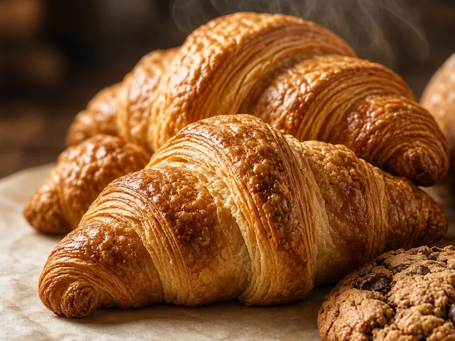Close-up of a glazed, flaky croissant