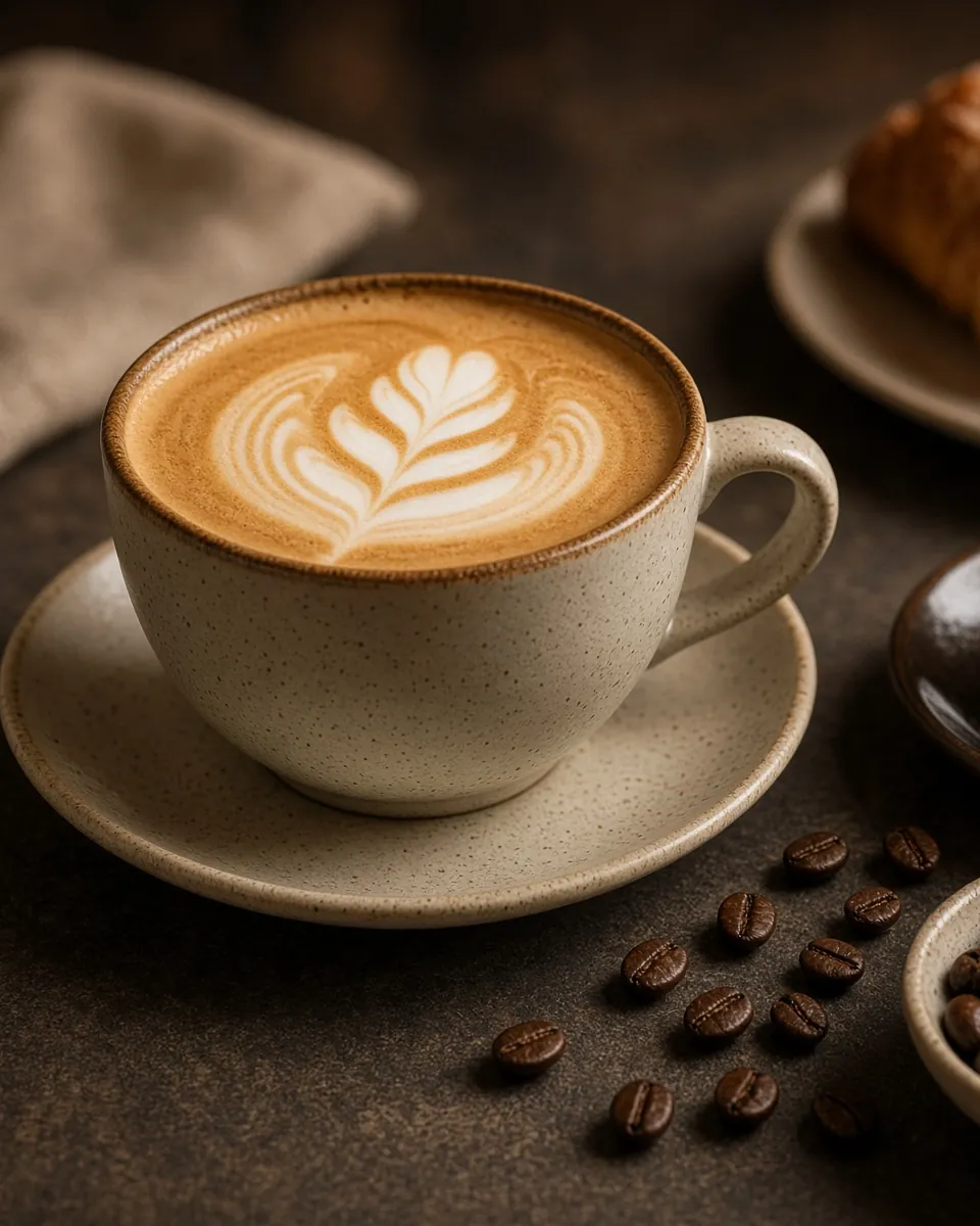 A latte with leaf art, an espresso, a croissant and a bowl of coffee beans on a dark table