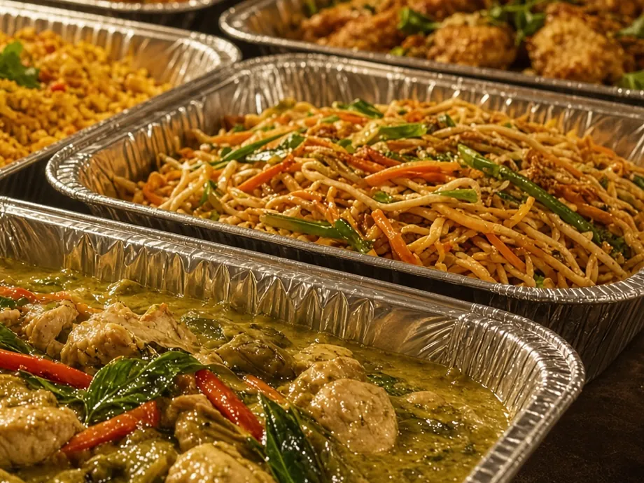 A foil tray of green curry with chillies