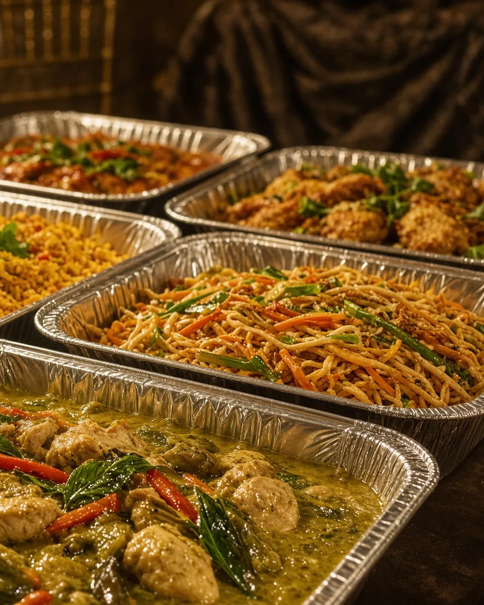 Foil catering trays of stir-fried noodles, rice and curry laid out for an event