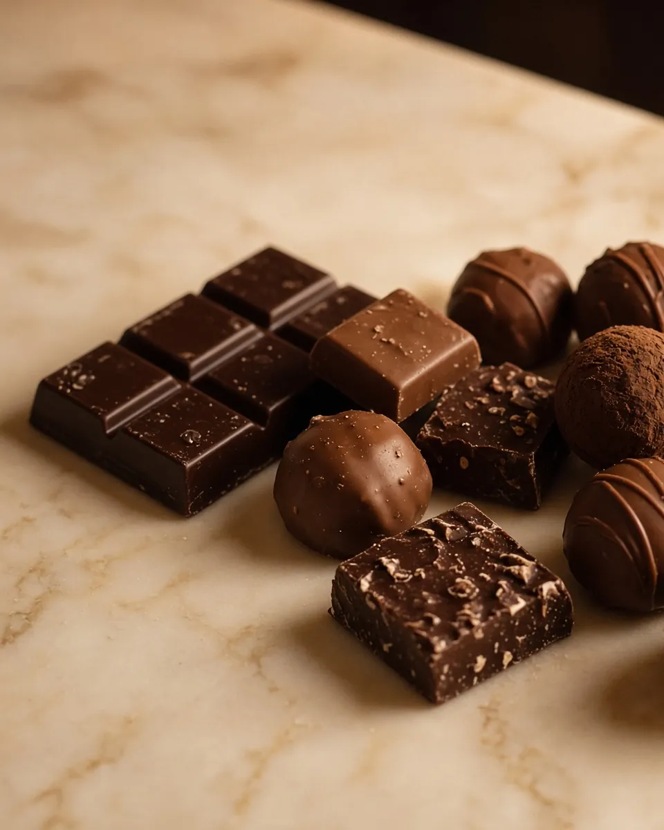 Chocolate bars, truffles and fudge cubes on a marble counter