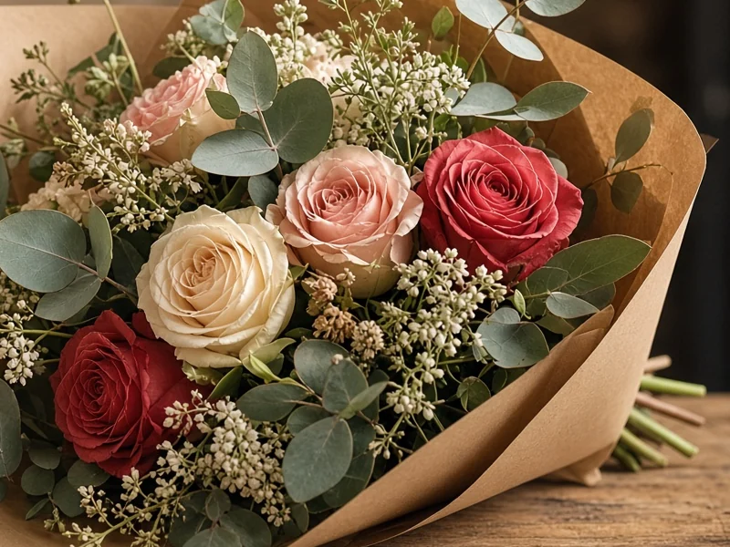 Close-up of blush, cream and red roses with eucalyptus