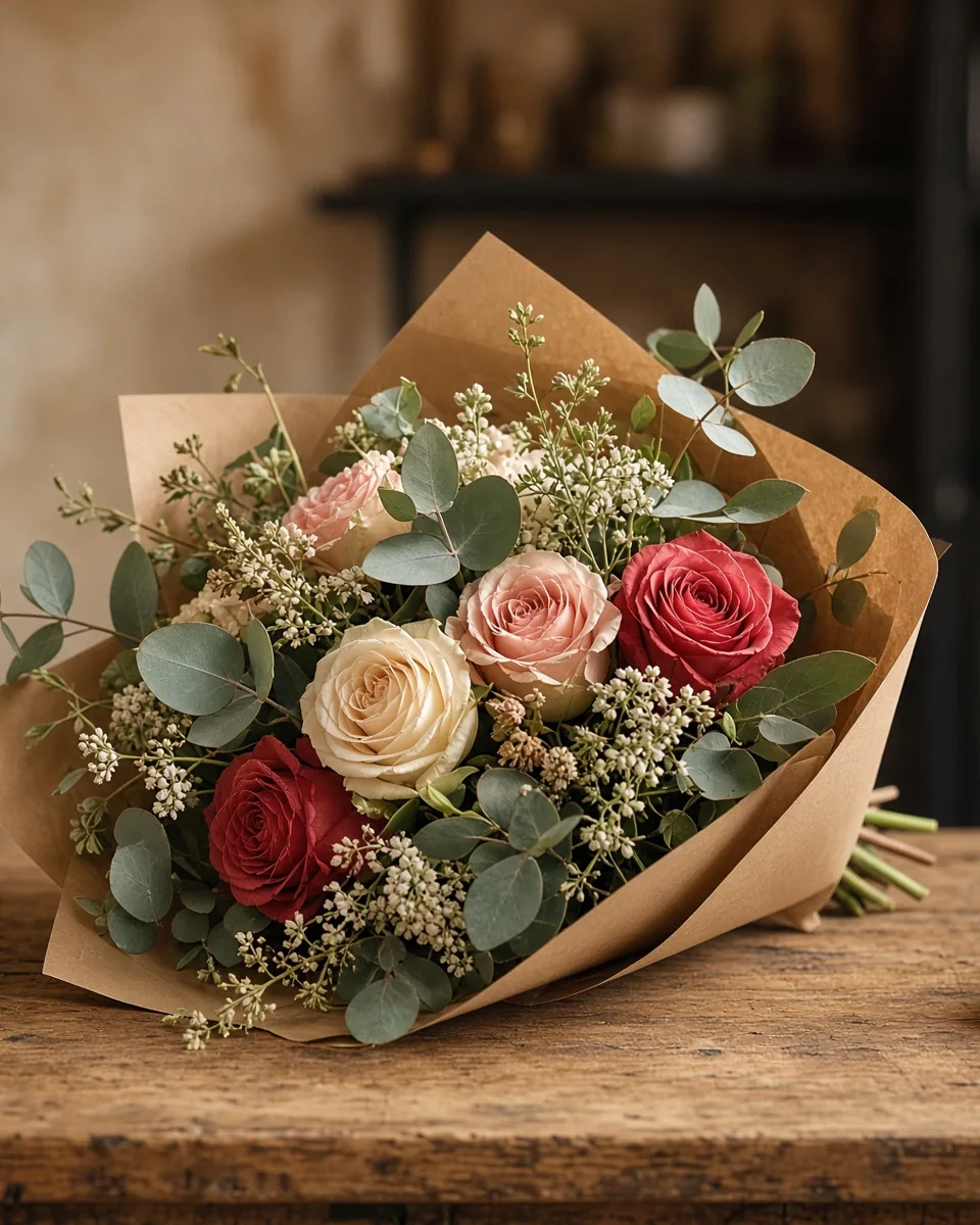 A hand-tied bouquet of cream, blush and red roses with eucalyptus in kraft paper on a wooden table