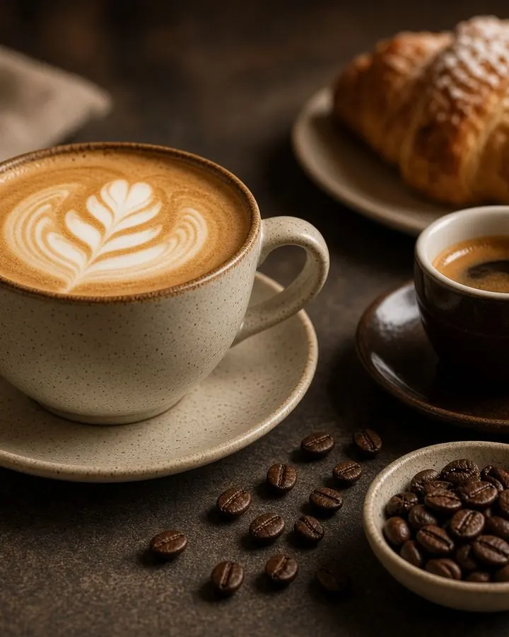 Food and drink: a latte with leaf art, a wood-fired pizza and takeaway boxes on a kitchen counter