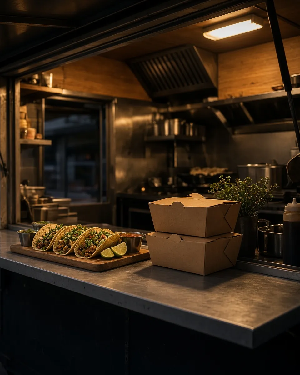 A food truck at dusk, its service window lit, with takeaway boxes on the counter