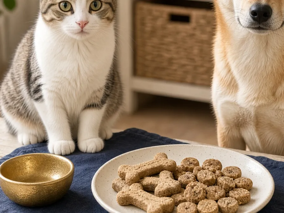 A plate of bone-shaped pet treats on a blue mat