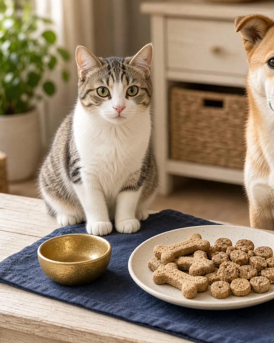 A cat and a dog sitting at a table with a plate of bone-shaped pet treats