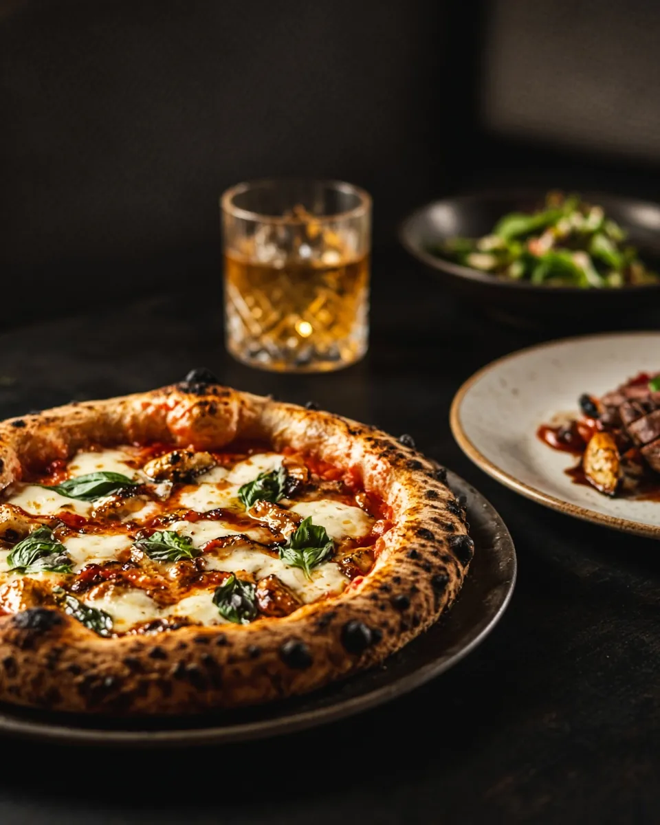 A wood-fired pizza, sliced grilled meat with greens and a glass of whisky on a dark table