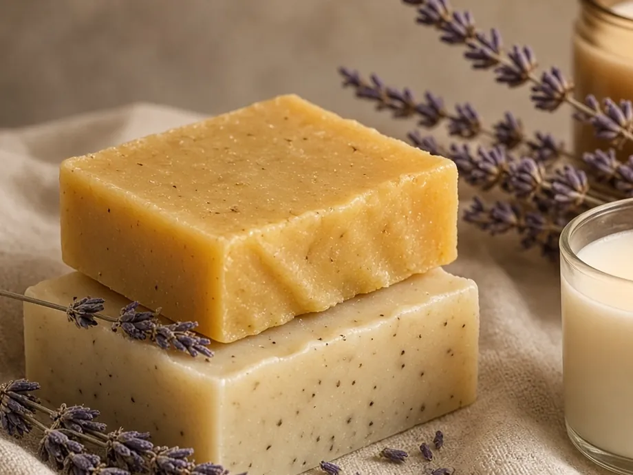 Handmade soap bars beside dried lavender