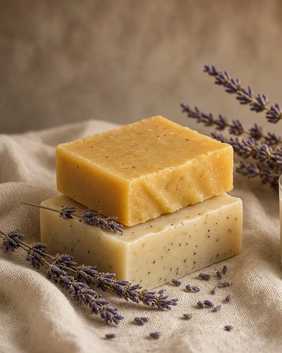 Bars of handmade soap, lit candles in glass jars and dried lavender on linen