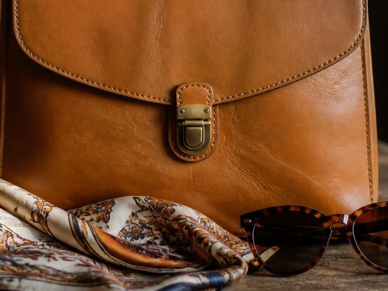 A tan leather handbag and a patterned scarf, close up
