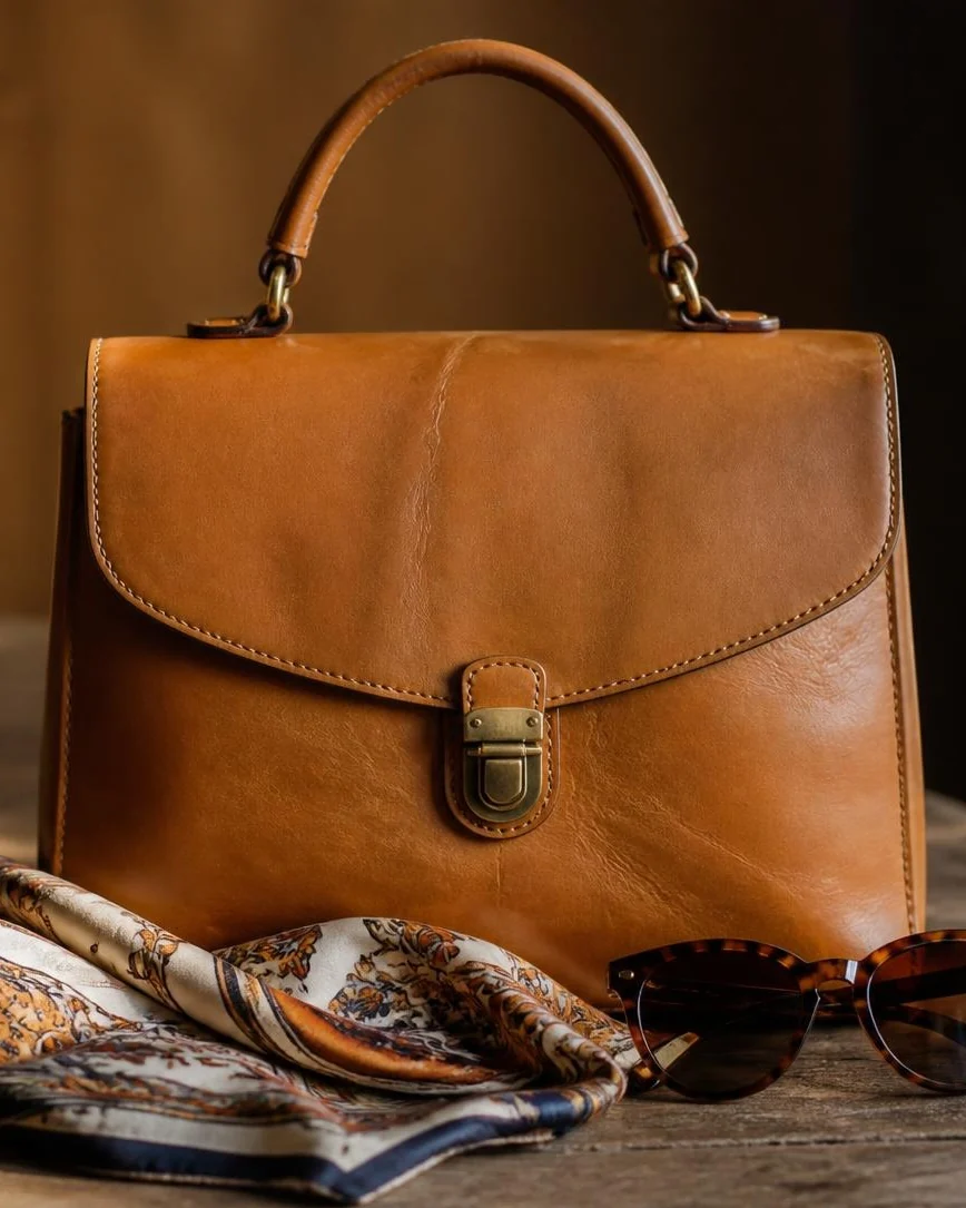 A tan leather handbag with a buckle flap on a wooden table, a folded scarf beside it