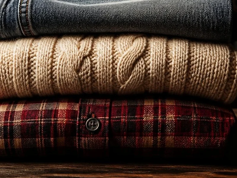 Folded denim, a cable-knit jumper and a check shirt, close up