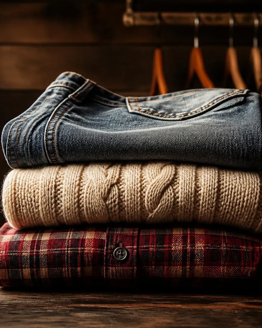 A stack of folded second-hand clothes, denim, a cream cable knit and a red check shirt, with hangers behind