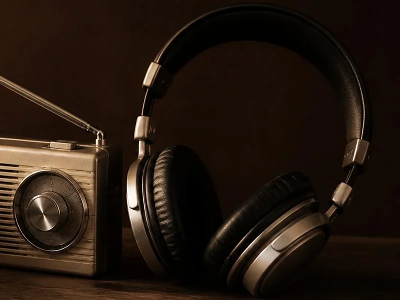 A portable radio and headphones, close up