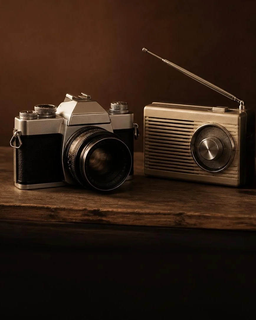 A film camera, a small portable radio and over-ear headphones on a wooden shelf