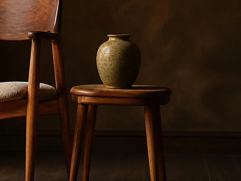 The armchair and side table with a green vase, close up