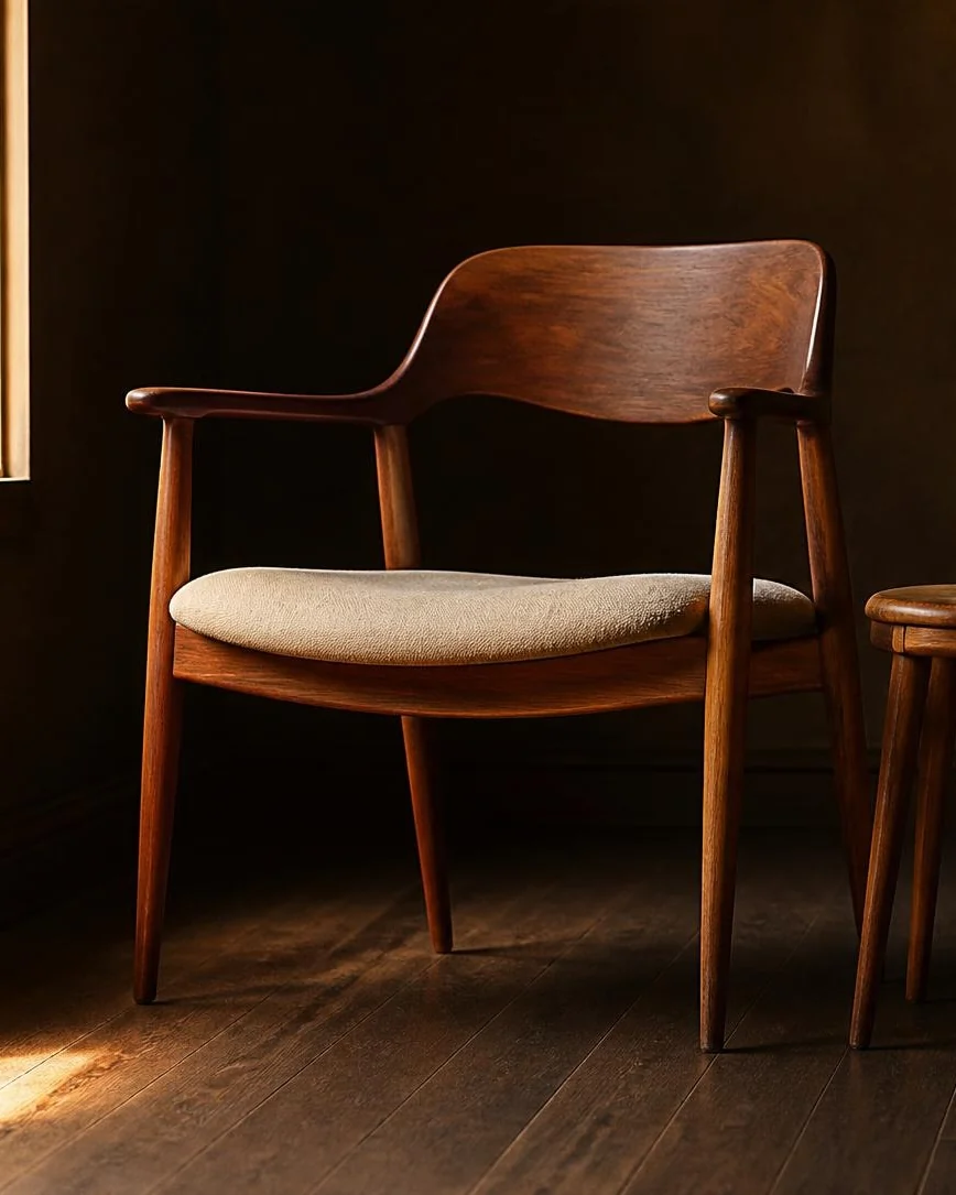 A wooden armchair with a cream seat beside a small side table with a green vase, in warm window light