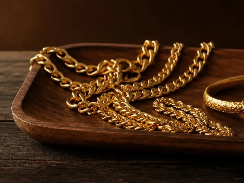 Gold chains and a bangle in a wooden tray, close up