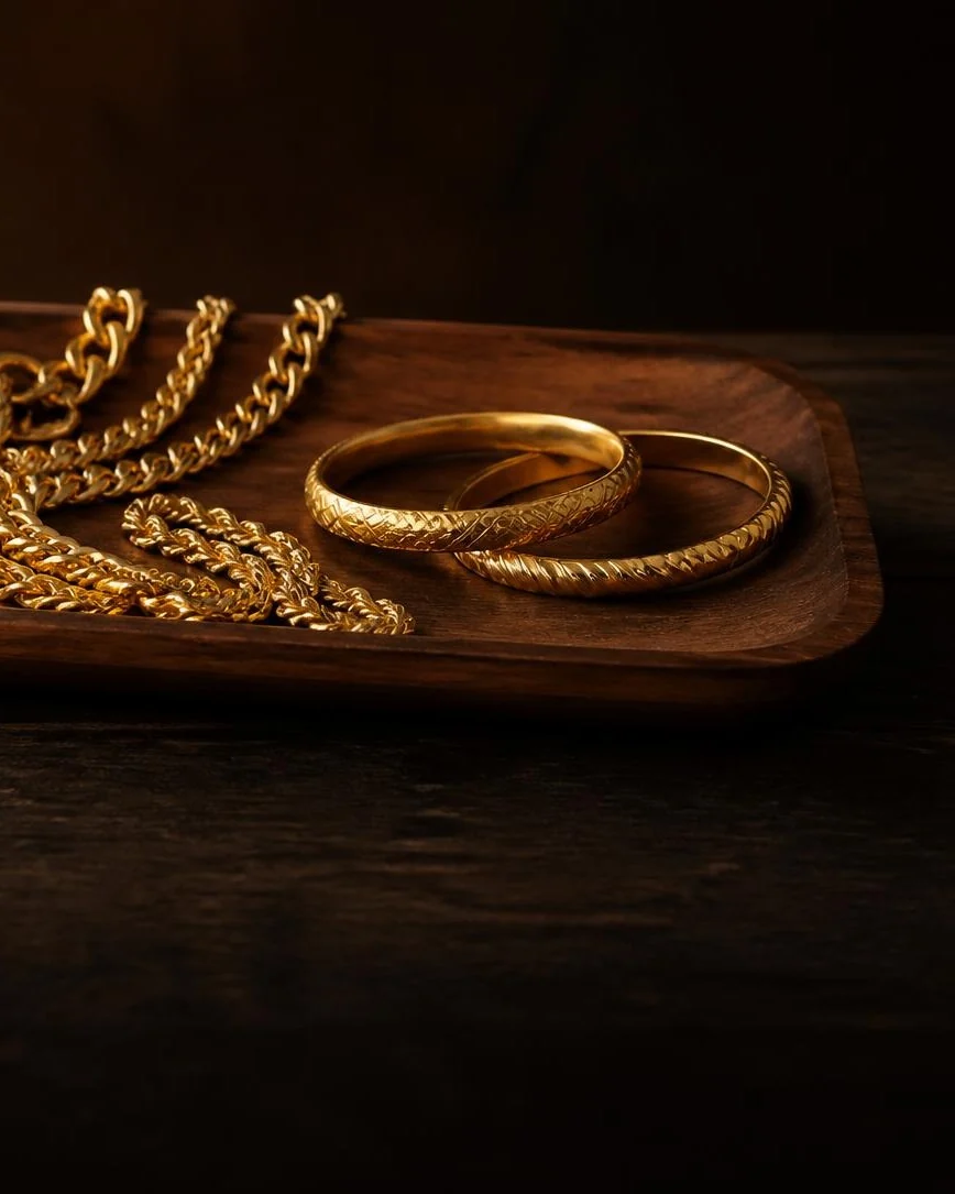 Gold chains and bangles in a wooden tray on a dark table