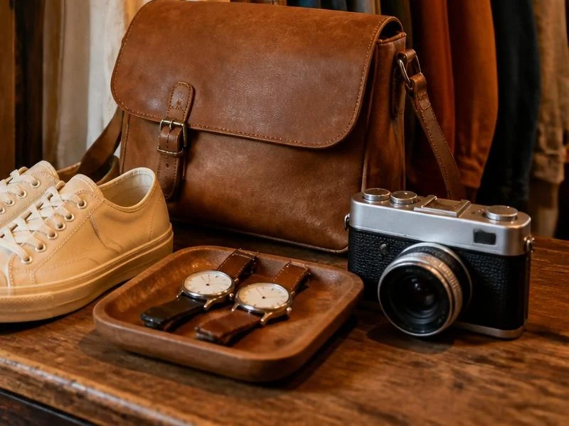 A leather satchel, cream canvas sneakers, two watches in a wooden tray and a film camera on a wooden table