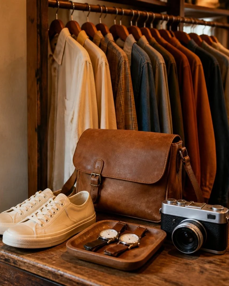 Second-hand finds on a wooden table against a plain plaster wall: a leather satchel, canvas sneakers, two watches in a tray and a film camera, with clothes on a rail behind