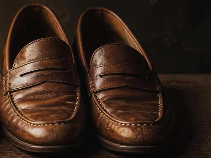 Brown leather loafers beside white sneakers, close up