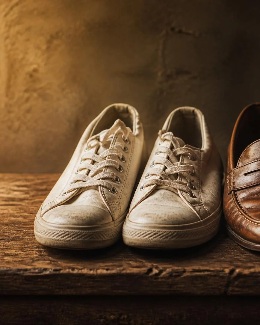 Two pairs of white canvas sneakers and two pairs of brown leather loafers on a wooden shelf