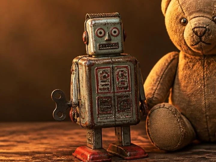 A tin robot and a teddy bear, close up