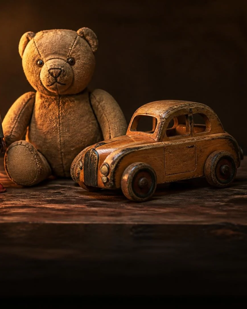 A tin robot, a teddy bear and a wooden toy car on a wooden table
