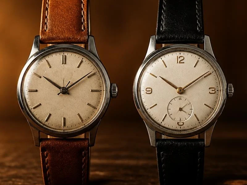 Two watch faces with leather straps, close up