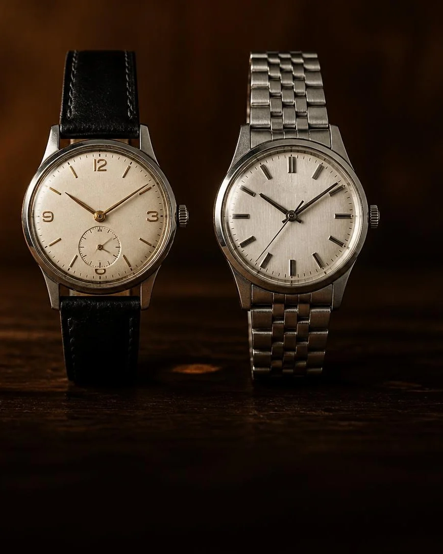 Three second-hand wristwatches standing in a row: tan leather, black leather and a steel bracelet