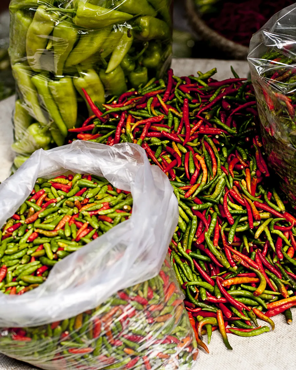 Red and green chillies piled and bagged on a Thai market stall.